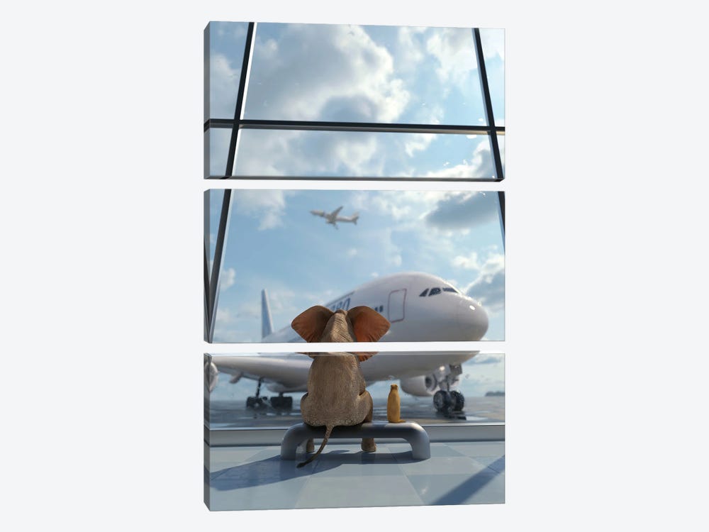 Elephant And Dog Sitting By The Window At The Airport II by Mike Kiev 3-piece Canvas Art