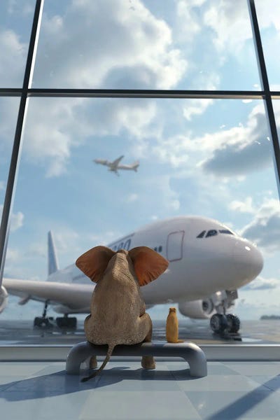 Mike Kiev: Elephant And Dog Sitting By The Window At The Airport II by Mike Kiev