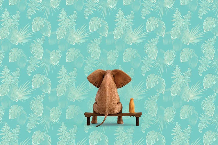 Elephant And Dog Sit On Menthol Floral Background