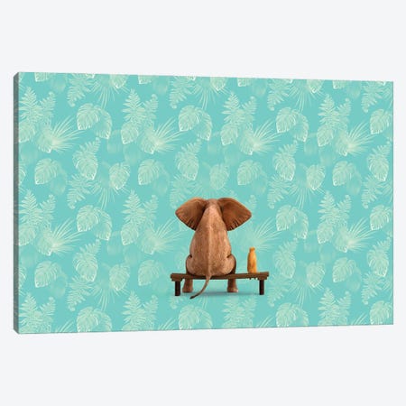 Elephant And Dog Sit On Menthol Floral Background Canvas Print #MII262} by Mike Kiev Canvas Wall Art