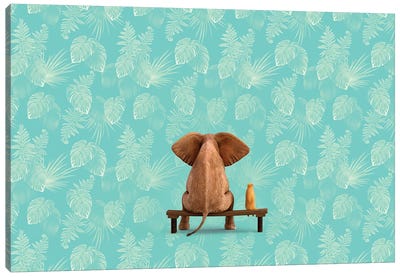 Elephant And Dog Sit On Menthol Floral Background Canvas Art Print - Mike Kiev