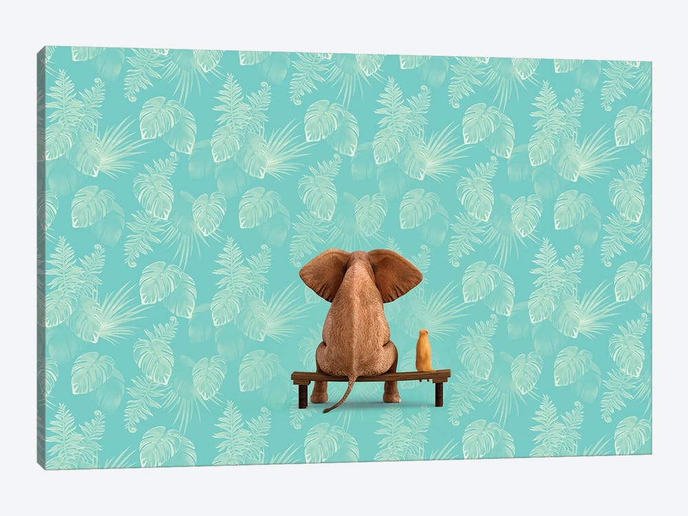 Elephant And Dog Sit On Menthol Floral Background by Mike Kiev 1-piece Canvas Art Print