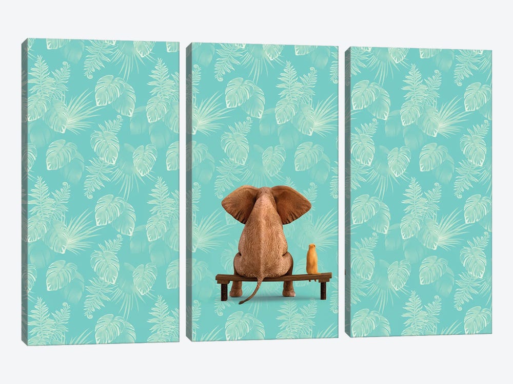 Elephant And Dog Sit On Menthol Floral Background by Mike Kiev 3-piece Art Print