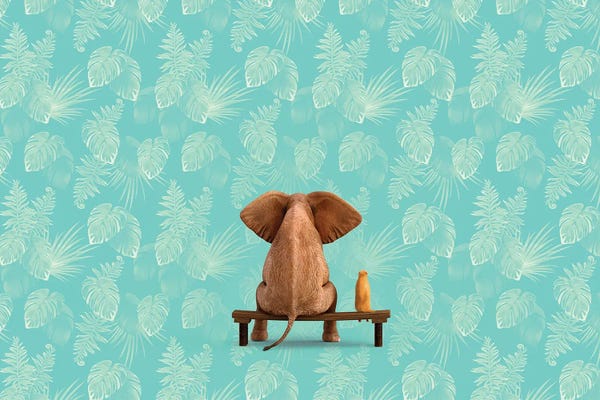 Mike Kiev: Elephant And Dog Sit On Menthol Floral Background by Mike Kiev
