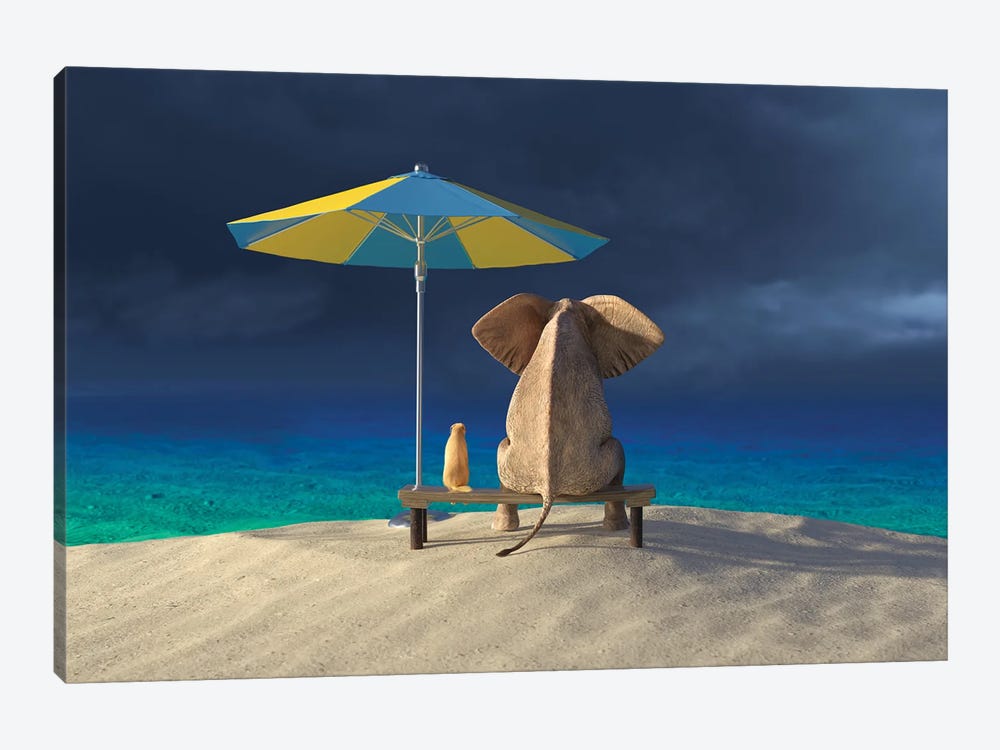 Elephant And Dog Look At The Stormy Sky by Mike Kiev 1-piece Canvas Print