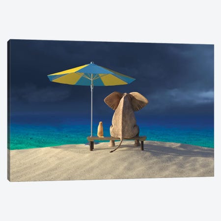 Elephant And Dog Look At The Stormy Sky Canvas Print #MII266} by Mike Kiev Canvas Art Print