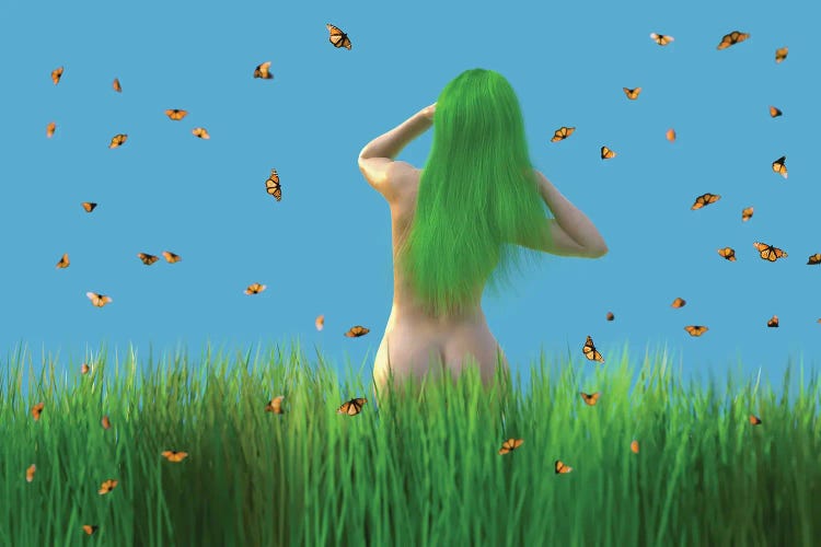 Woman With Green Hair Stands On A Meadow