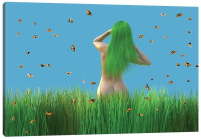 Woman With Green Hair Stands On A Meadow Canvas Art Print - Mike Kiev