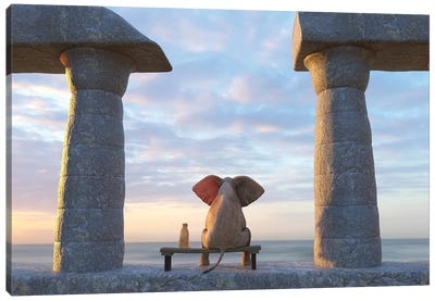 Elephant And Dog Sit On The Ruins Of An Ancient City Canvas Art Print - Mike Kiev