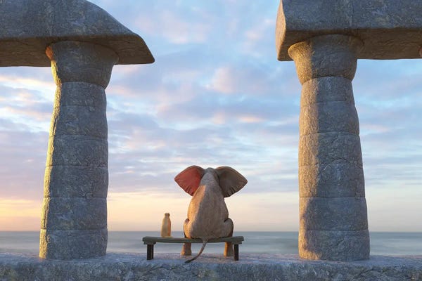 Mike Kiev: Elephant And Dog Sit On The Ruins Of An Ancient City by Mike Kiev