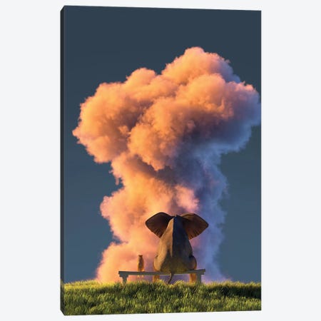 Elephant And Dog Look At The Big Pink Cloud II Canvas Print #MII26} by Mike Kiev Canvas Artwork