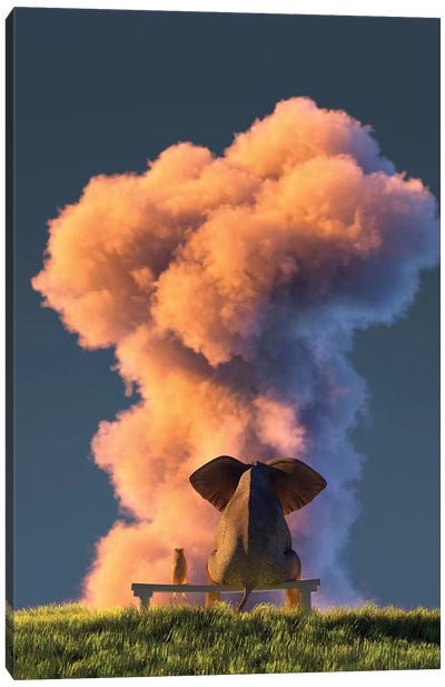 Elephant And Dog Look At The Big Pink Cloud II Canvas Art Print - Mike Kiev