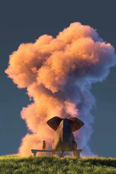 Head In The Clouds: Elephant And Dog Look At The Big Pink Cloud II by Mike Kiev