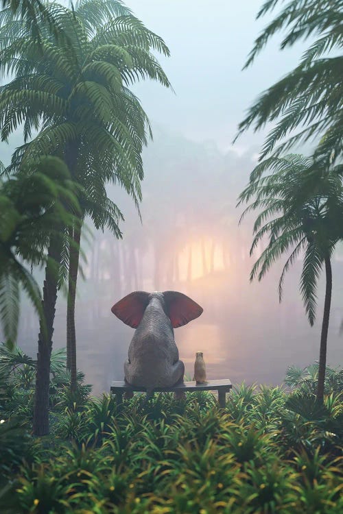 Elephant And Dog Sit In The Rainforest by Mike Kiev wall art