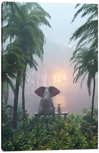 Elephant And Dog Sit In The Rainforest Canvas Art Print - Artists From Ukraine