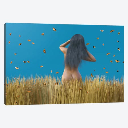 Woman With Long Hair Stands In Yellow Grass Canvas Print #MII273} by Mike Kiev Art Print