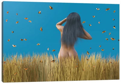 Woman With Long Hair Stands In Yellow Grass Canvas Art Print - Mike Kiev