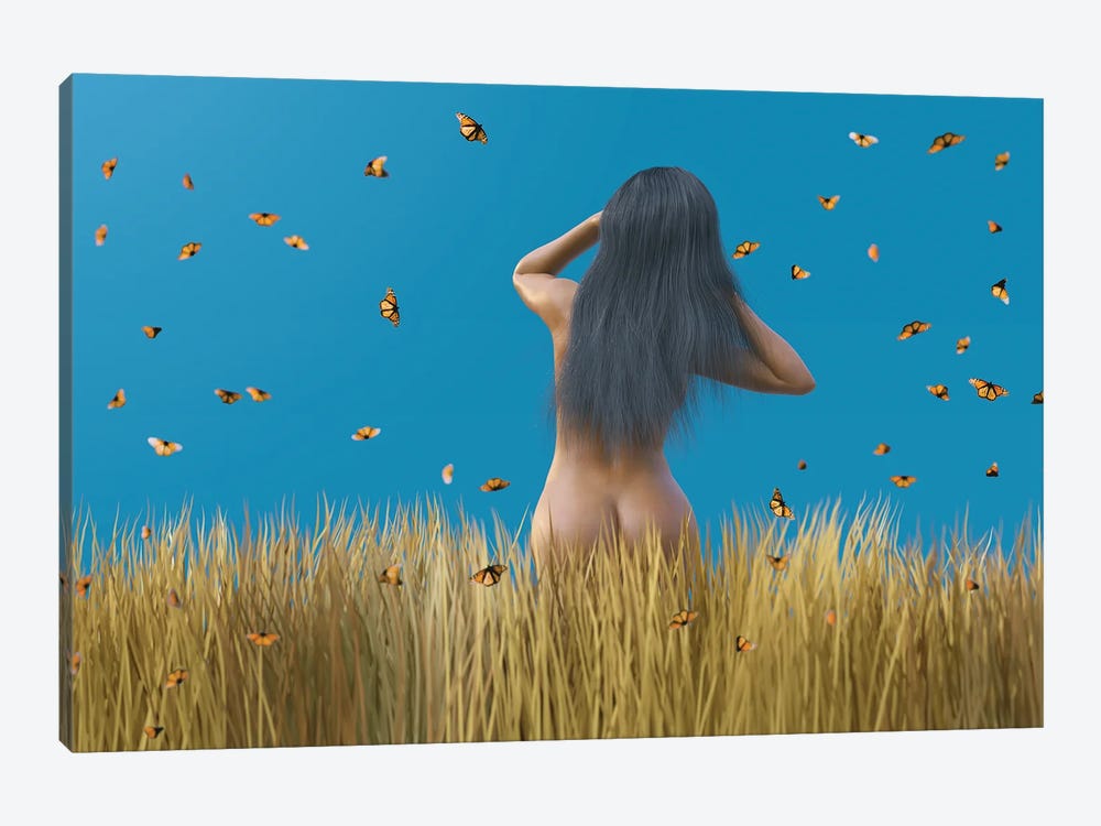 Woman With Long Hair Stands In Yellow Grass by Mike Kiev 1-piece Canvas Art Print
