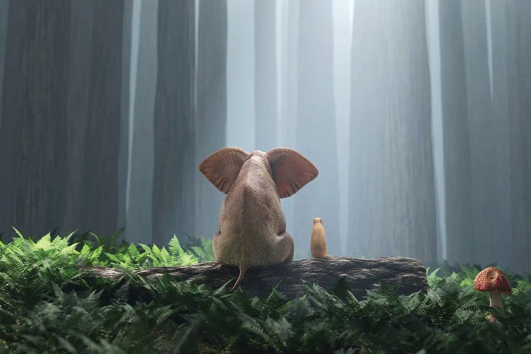 Elephant And Dog Sit In The Deep Forest I