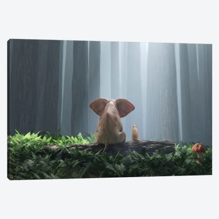 Elephant And Dog Sit In The Deep Forest I Canvas Print #MII275} by Mike Kiev Canvas Art