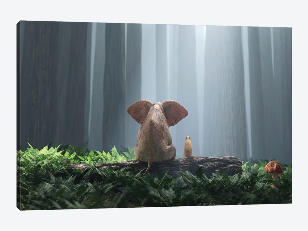Elephant And Dog Sit In The Deep Forest I by Mike Kiev 1-piece Canvas Print