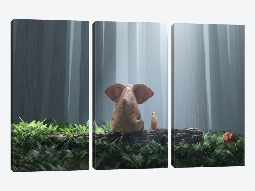 Elephant And Dog Sit In The Deep Forest I by Mike Kiev 3-piece Canvas Art Print