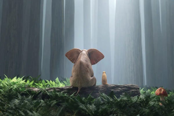 Mike Kiev: Elephant And Dog Sit In The Deep Forest I by Mike Kiev