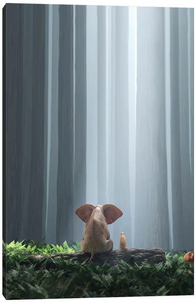 Elephant And Dog Sit In The Deep Forest II Canvas Art Print - Elephant Art