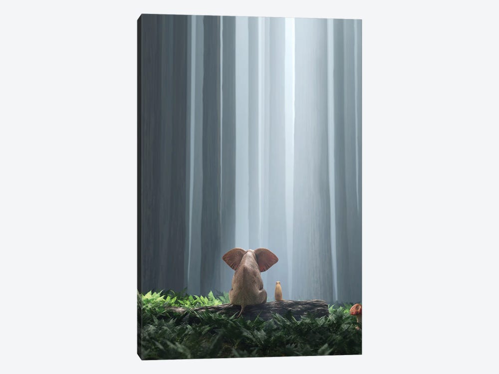 Elephant And Dog Sit In The Deep Forest II by Mike Kiev 1-piece Canvas Wall Art