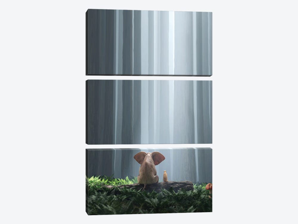 Elephant And Dog Sit In The Deep Forest II by Mike Kiev 3-piece Canvas Artwork