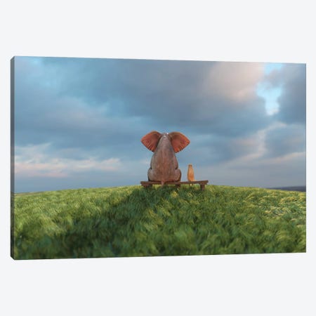 Elephant And Dog Sit On A Green Field II Canvas Print #MII278} by Mike Kiev Canvas Print
