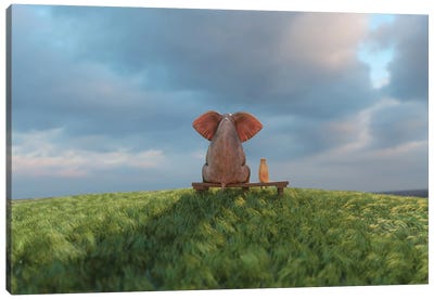 Elephant And Dog Sit On A Green Field II Canvas Art Print - Mike Kiev