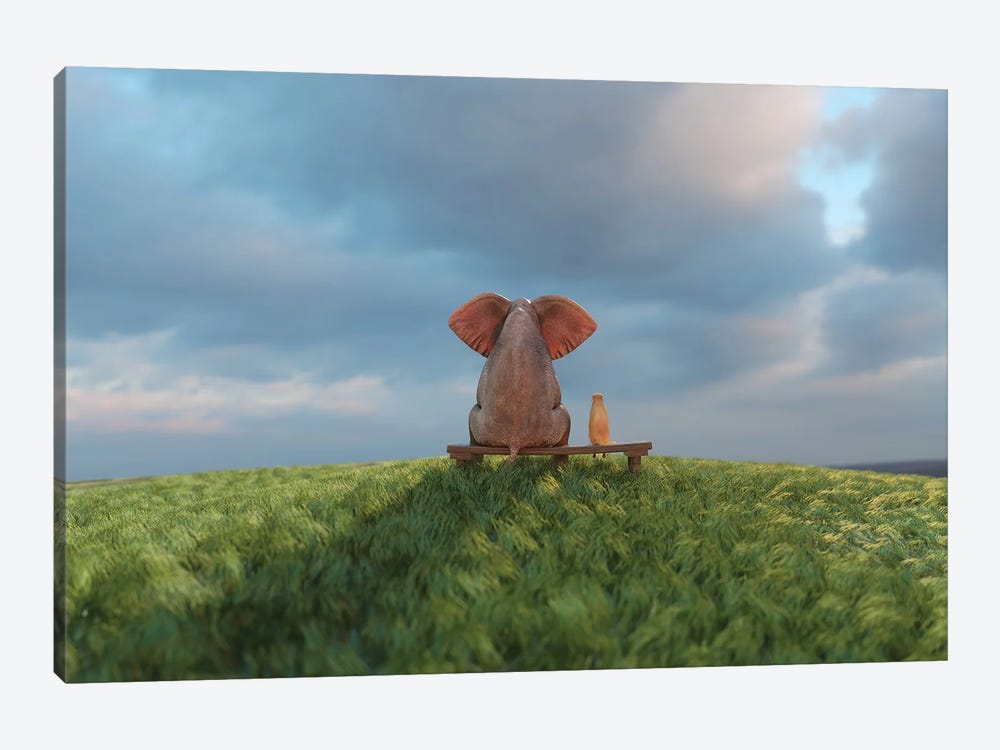 Elephant And Dog Sit On A Green Field II by Mike Kiev 1-piece Canvas Wall Art