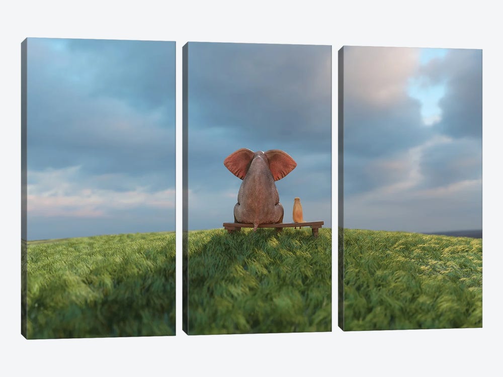 Elephant And Dog Sit On A Green Field II by Mike Kiev 3-piece Canvas Art