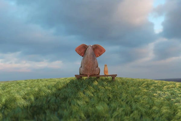 Mike Kiev: Elephant And Dog Sit On A Green Field II by Mike Kiev