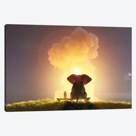 Elephant And Dog Look At The Big Pink Cloud III Canvas Print #MII27} by Mike Kiev Canvas Artwork