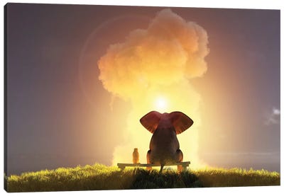 Elephant And Dog Look At The Big Pink Cloud III Canvas Art Print - Mike Kiev