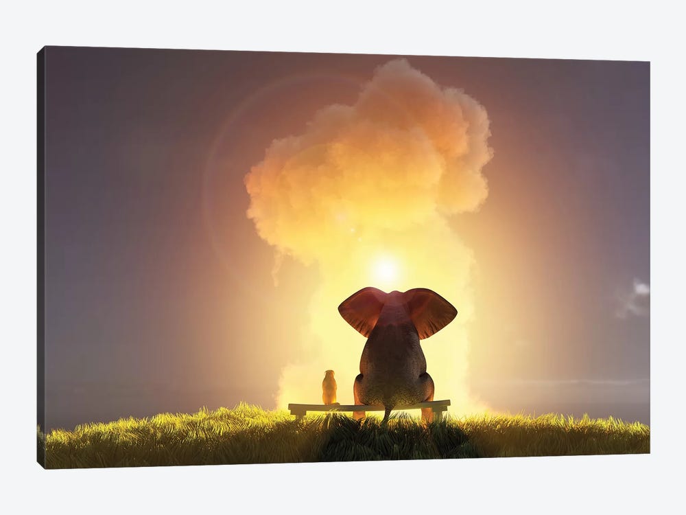 Elephant And Dog Look At The Big Pink Cloud III by Mike Kiev 1-piece Art Print