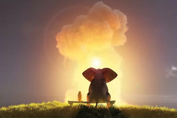 Elephants: Elephant And Dog Look At The Big Pink Cloud III by Mike Kiev