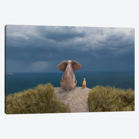 Elephant And Dog Look At The Stormy Sky II Canvas Print #MII281} by Mike Kiev Canvas Artwork