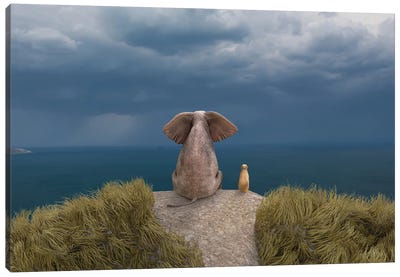 Elephant And Dog Look At The Stormy Sky II Canvas Art Print - Mike Kiev