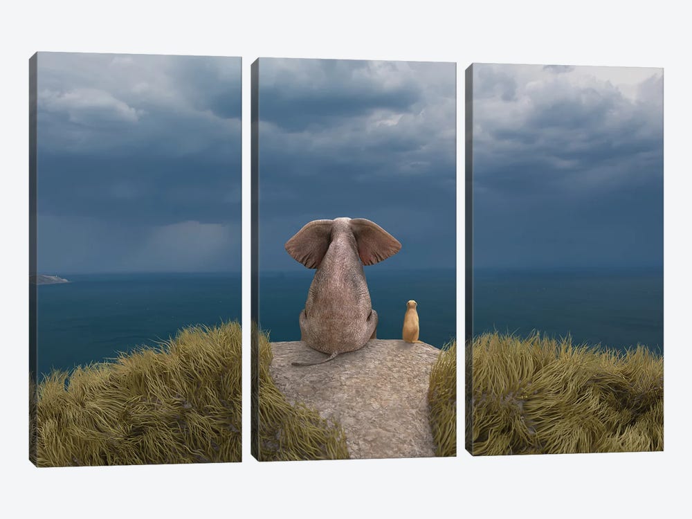 Elephant And Dog Look At The Stormy Sky II by Mike Kiev 3-piece Canvas Art