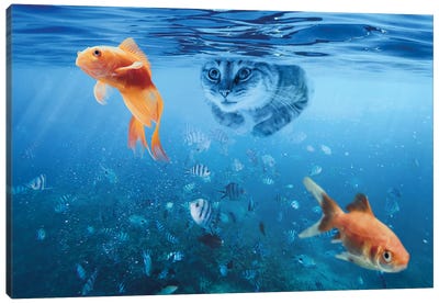 Cat Fishing Underwater Canvas Art Print - Goldfish
