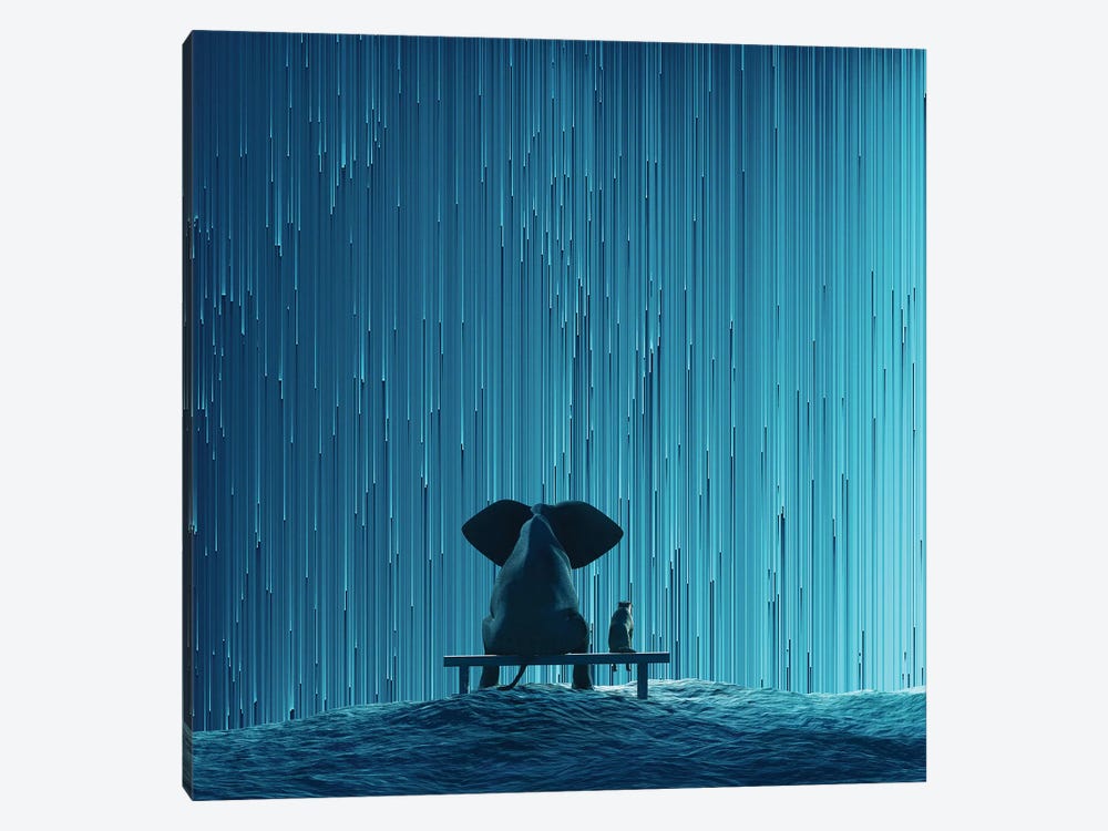 Elephant And Dog Looking At Star Rain by Mike Kiev 1-piece Canvas Artwork