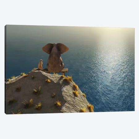 Elephant And Dog Rest On A Crag Near The Sea Canvas Print #MII29} by Mike Kiev Art Print