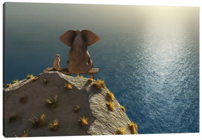 Elephant And Dog Rest On A Crag Near The Sea Canvas Art Print - Mike Kiev