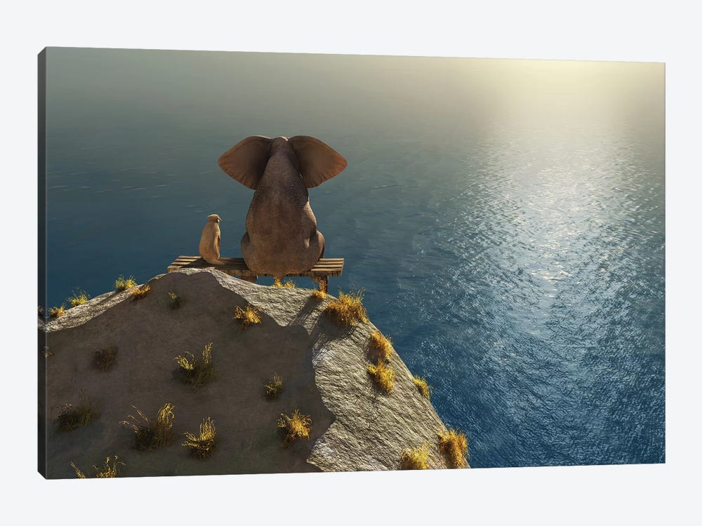 Elephant And Dog Rest On A Crag Near The Sea by Mike Kiev 1-piece Art Print