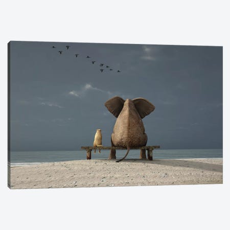 Elephant And Dog Sit On A Beach Canvas Print #MII30} by Mike Kiev Canvas Art