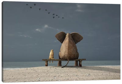 Elephant And Dog Sit On A Beach Canvas Art Print - Animal Humor Art