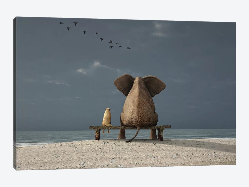 Elephant And Dog Sit On A Beach by Mike Kiev 1-piece Canvas Art Print
